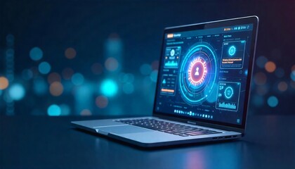 Fototapeta premium Futuristic Laptop Screen Showing Data Analytics User Interface