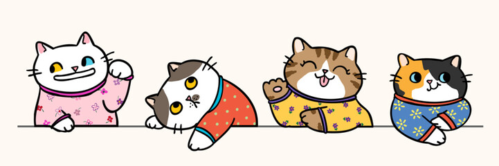 Vector Illustration of Cute Cartoon Cat Characters on Isolated Background. Hand Drawn Vector Illustration. 