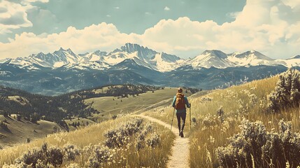 Obraz premium Adventurer Hiking Scenic Mountain Trail