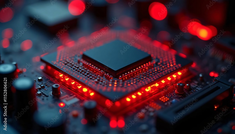 Poster high tech cpu microchip closeup red led lights circuit board technology
