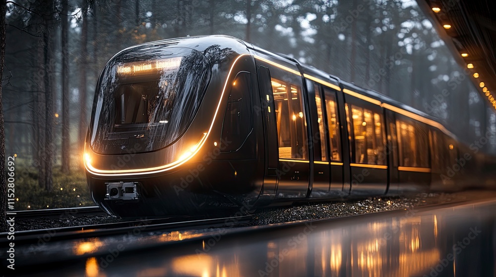 Poster futuristic train concept in a misty forest setting showcasing modern design and advanced technology 