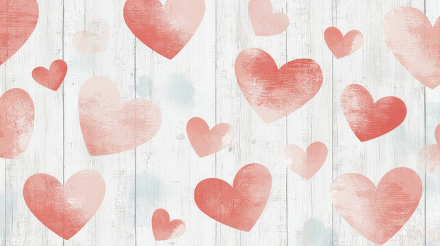 Soft pink and red hearts on rustic white wooden background