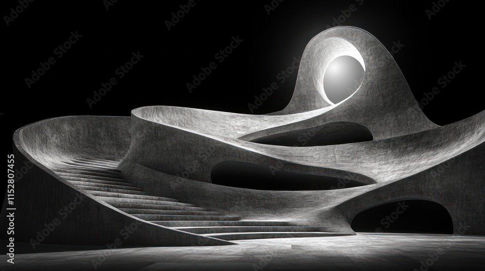 Poster abstract grayscale 3d render of a futuristic, organic concrete structure with stairs and a glowing c