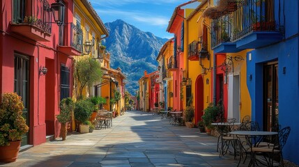 Fototapeta premium A vibrant street lined with colorful buildings and outdoor seating against a mountain backdrop.
