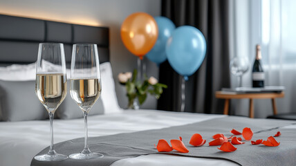 luxurious hotel suite with champagne, balloons, and rose petals