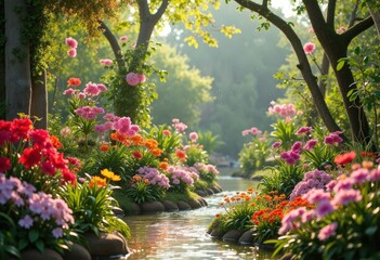 Serene Garden Stream Colorful Flowers Spring Bloom Lush Greenery Tranquil Nature