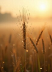 Obraz premium Golden Wheat at Sunrise Dew Drops Agriculture Harvest