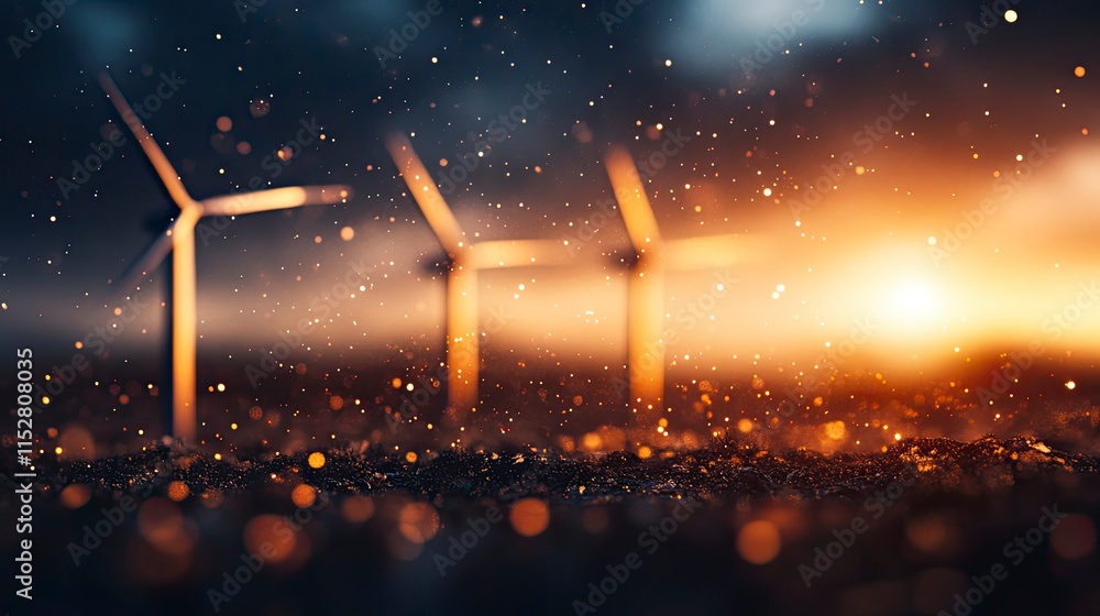 Poster captivating sunset over wind turbines surrounded by atmospheric bokeh and sparkling particles in the