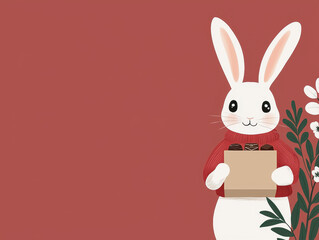 Obraz premium Kawaii Animal Valentine's Love concept. Cute bunny holding a box with flowers on a warm background.