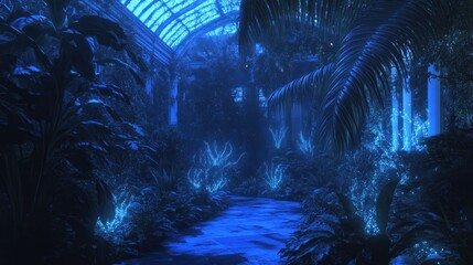 Obraz premium Enchanted Glasshouse: A Nighttime Stroll Through Bioluminescent Flora