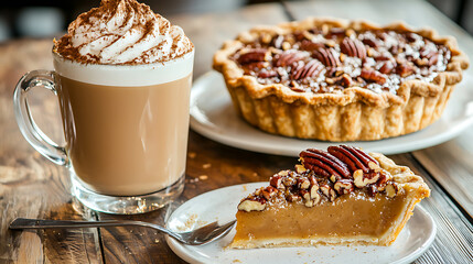 Delicious pumpkin pie with pecans and creamy coffee drink, perfect for autumn gatherings
