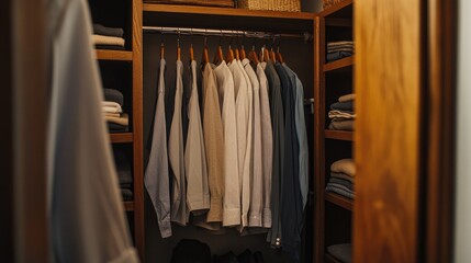 Organized wardrobe with neatly hung shirts and folded clothes