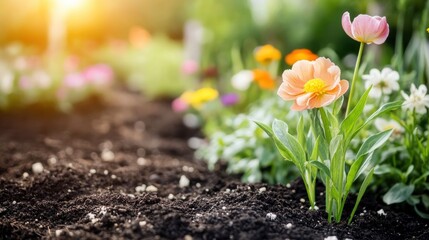 A vibrant spring garden blooms with colorful flowers under the warm glow of morning sunlight, showcasing nature's beauty and tranquility.