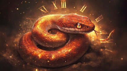 A mesmerizing orange snake coiled in an artistic display with clock elements in the background, symbolizing time and transformation.