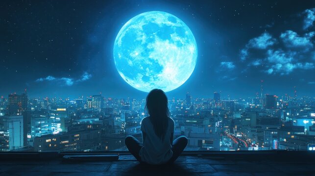 Close up view of lofi anime girl sitting alone on the roof, looking up at the big blue full moon with Tokyo city view with copy space background. Ai generated image