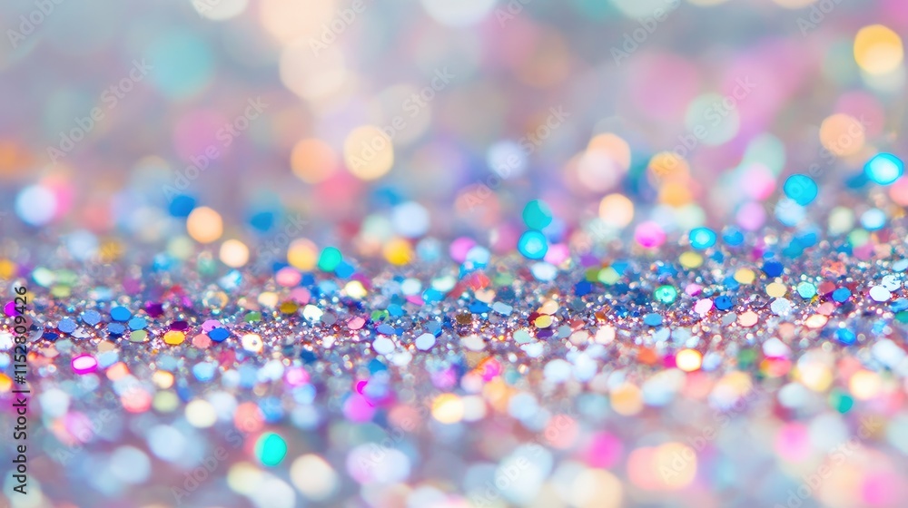 Poster a close-up of multicolored glitter scattered across a white surface, sparkling under bright light to
