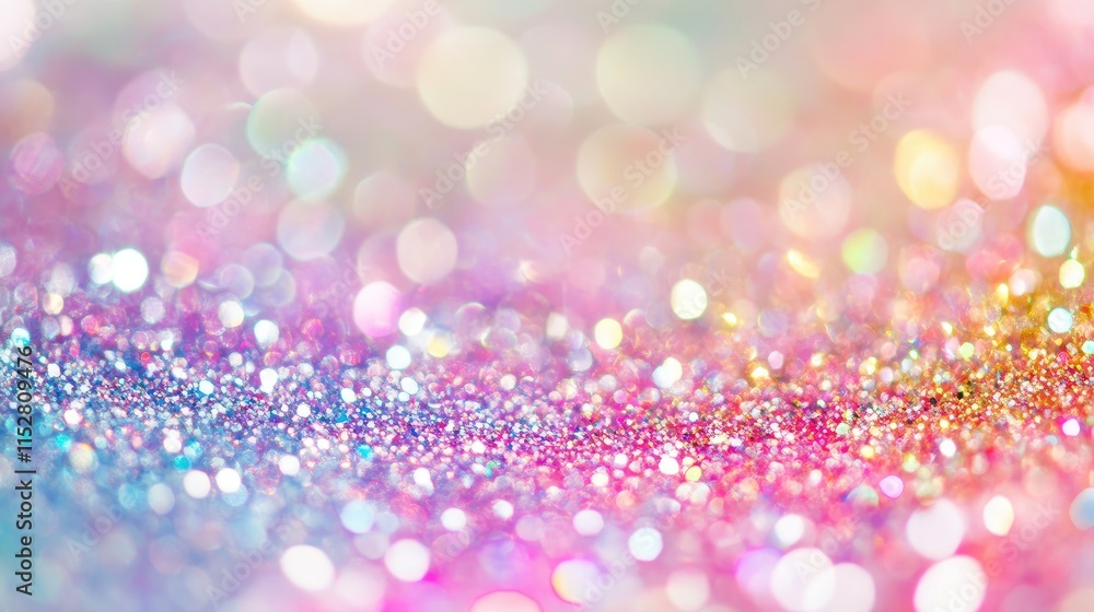 Poster a close-up of multicolored glitter scattered across a white surface, sparkling under bright light to