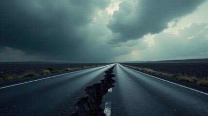 Fototapeta premium A desolate highway stretches towards a stormy horizon, a deep fissure splitting the asphalt, symbolizing challenges and uncertainty on a long journey ahead.