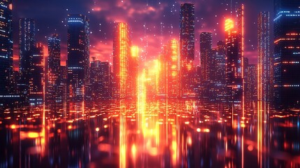 Obraz premium Futuristic Cityscape at Sunset Neon Lights Skyscrapers Digital City
