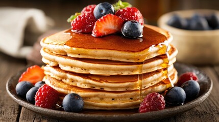 Delicious Stack of Fluffy Pancakes with Berries and Maple Syrup