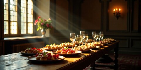 Fototapeta premium Elegant indoor banquet table setting with sunlit pastries and wine glasses