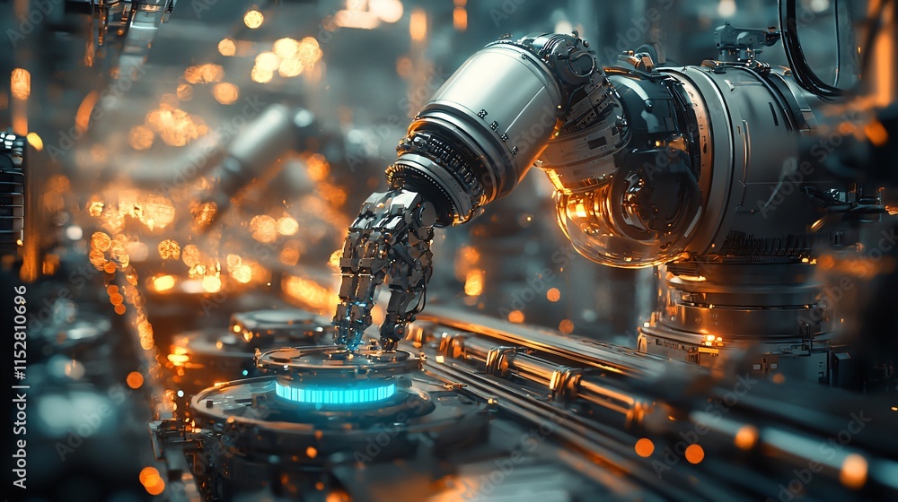 Poster futuristic robotic arm on tech control panel ai automation industry 4 0