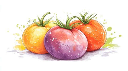 A vibrant illustration of three unique tomatoes in various colors showcasing their fresh and appetizing appeal