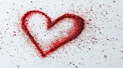 A heart outline drawn with red glitter on a white surface, surrounded by scattered specks for a romantic, glowing effect.