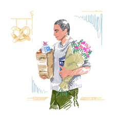 Young man buying groceries and flowers