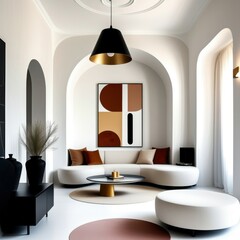 modern minimalist interior, curved white sofa, arched doorways, geometric abstract artwork, black pendant lamp, terracotta and mustard color accents, textured white walls, cozy reading nook, black acc
