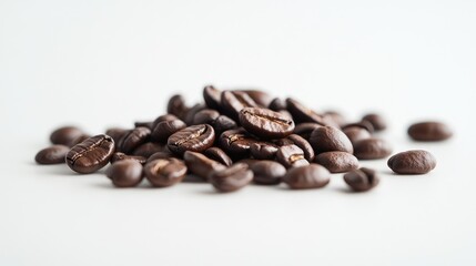 A neat pile of glossy coffee beans in the center of a clean white surface, with a few scattered around for a minimalistic composition.