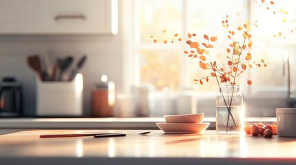 A serene kitchen table setting showcasing autumn aesthetics with delicate foliage in a glass vase