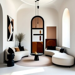 modern minimalist interior, curved white sofa, arched doorways, geometric abstract artwork, black pendant lamp, terracotta and mustard color accents, textured white walls, cozy reading nook, black acc