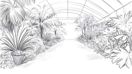 Lush Tropical Greenhouse Sketch: Detailed Hand-Drawn Illustration of Vibrant Interior Foliage. AI Generated