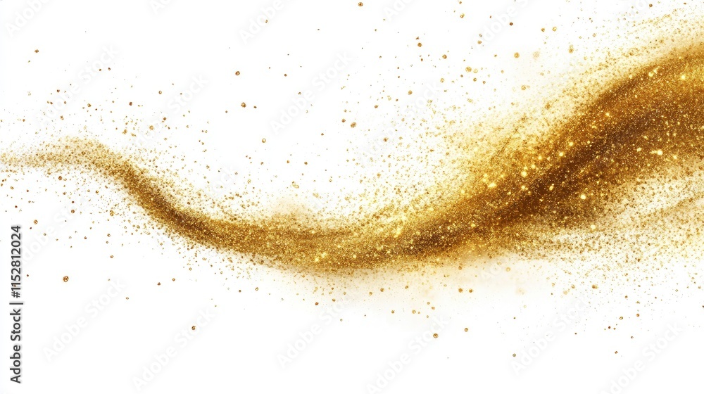 Poster a swirl of golden glitter dust on a plain white background, creating a sparkling and elegant visual 