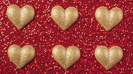 Fototapeta premium Golden Glitter Hearts on Red Sparkling Background for Celebrations