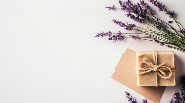 A rustic arrangement of handmade soap tied with twine surrounded by fresh lavender flowers on a light background
