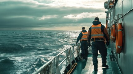 A ship's crew testing emergency protocols and safety equipment on the open sea 