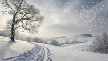Fototapeta premium Winter Wonderland Path - Snowy landscape, winter tree, heart shapes, peaceful scene, serene nature.