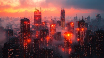 Fototapeta premium Futuristic Cityscape Red Neon Lights Sunset Fog Aerial View