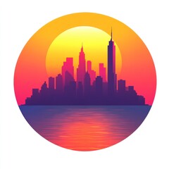 A vibrant sunset silhouette of a city skyline reflecting on water.