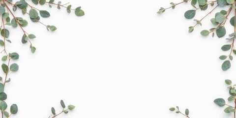 Border frame of gold branches and eucalyptus leaves on white background top view, flat lay, stylish