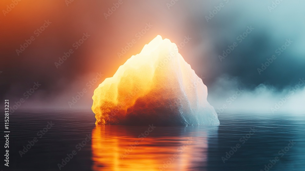 Poster glowing iceberg illuminated by golden light in a serene and misty ocean setting at twilight