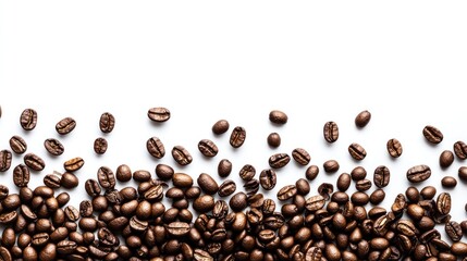 Naklejka premium Coffee beans in a minimalist flat-lay style, scattered loosely on a white background, creating a natural and organic look.