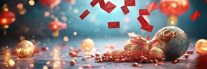 Vibrant and Auspicious Chinese New Year Wallpaper Showcasing Raining Red Envelopes Glowing Dragon Motif and Festive Lanterns in a of Tradition and Prosperity
