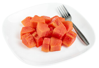 Ripe papaya slice with plate and fork isolated