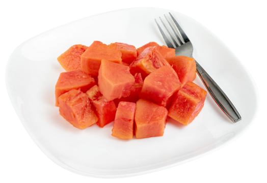 Ripe papaya slice with plate and fork isolated