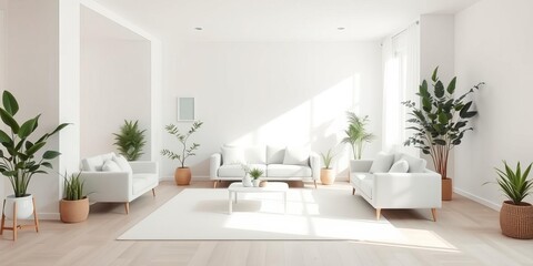 Bright and clean white living room with large window, white couch, and potted plant, home, elegant