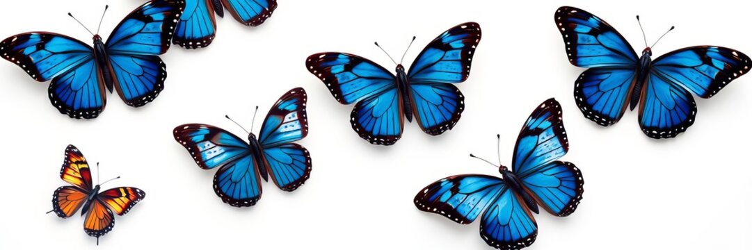 Bright blue common morpho butterflies with intricate patterns in flight against a clean white background, patterns, white background