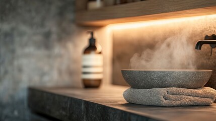 A serene spa-like setting showcasing a steaming bowl atop a neatly folded towel, surrounded by calm, inviting colors and soft lighting.